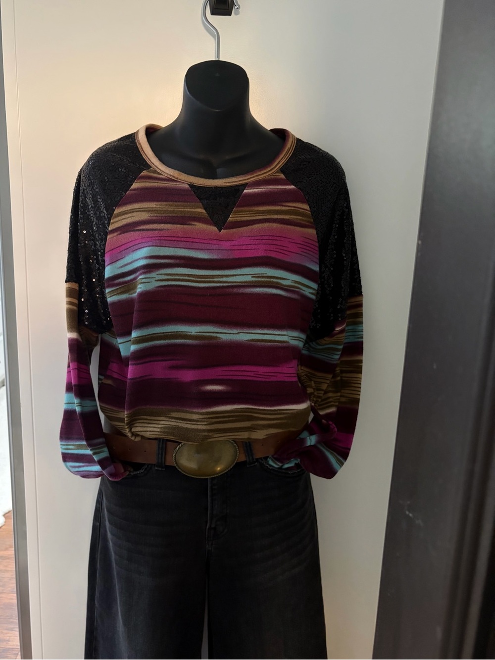 Striped Multicolor Sequin-Sleeve Women's Top by Sunshine & Rodeos